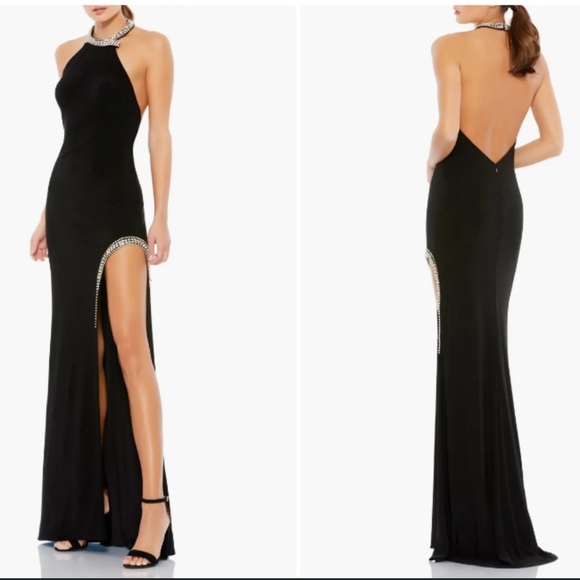 NWOT MAC DUGGAL 26533 HIGH SLIT HALTER RHINESTONE ACCENTS Black Dress sz 6